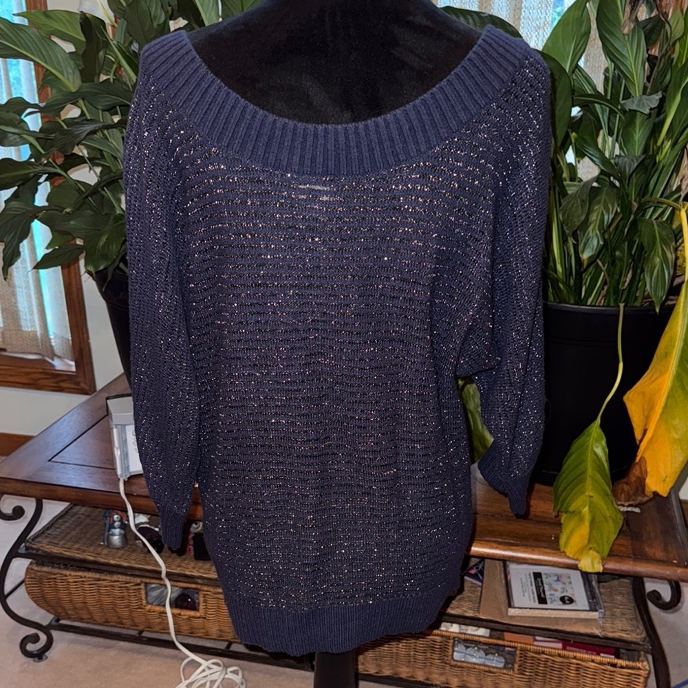 Express V-Neck Blue Sweater with Metallic Sheen - Picture 3 of 3